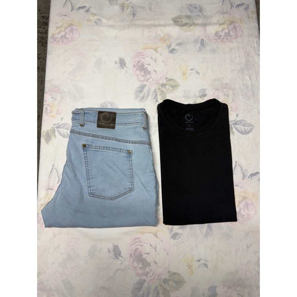 ORIGIN TAPER MENS DISTRESSED JEANS AND T-SHIRT BUNDLE LOT OF TWO